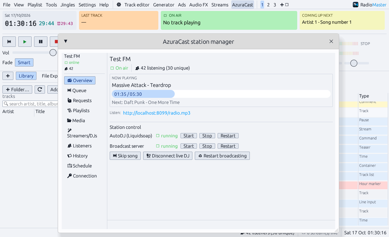The AzuraCast station manager window